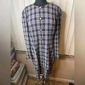 Vintage Ultra-Dress Blue White Plaid Midi Long Sleeve Button Up Dress Size 14